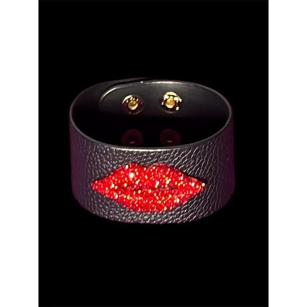 Rhinestone Red Lip Cuff Bracelet Black PU Leather​